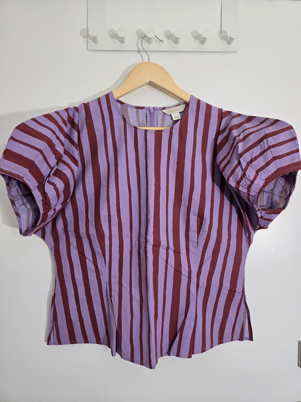 Anthropologie LINA Pink & Burgundy Striped Puff-Sleeve Blouse Mignon Doo - Picture 6 of 11
